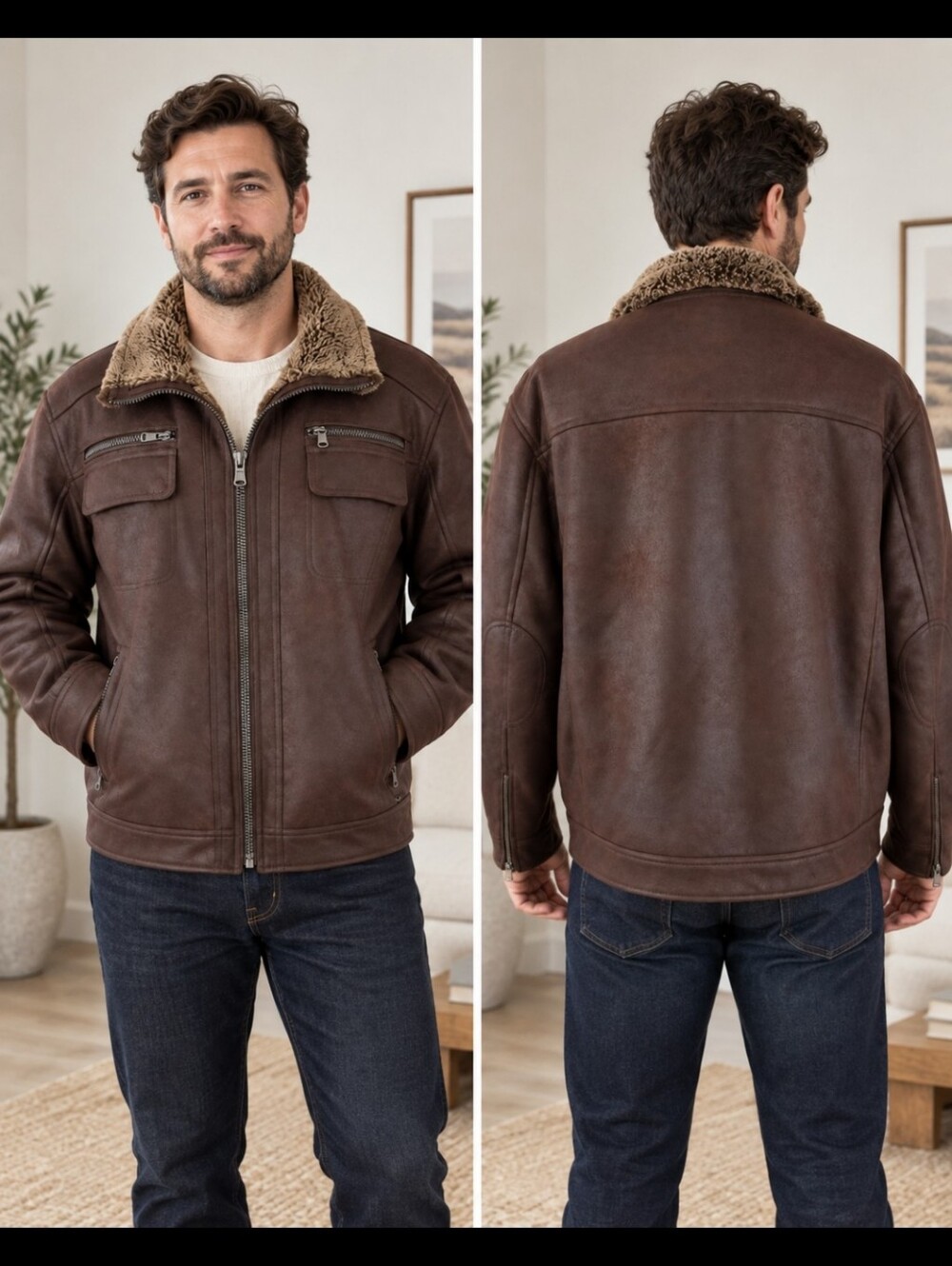 Calvin Klein Mens XL Dark Brown Faux Shearling Leather Bomber Jacket - Picture 9 of 9